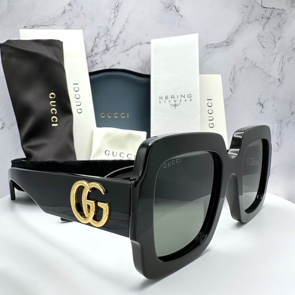 New Gucci Sunglasses Black Oversized Gold 3D Metal GG